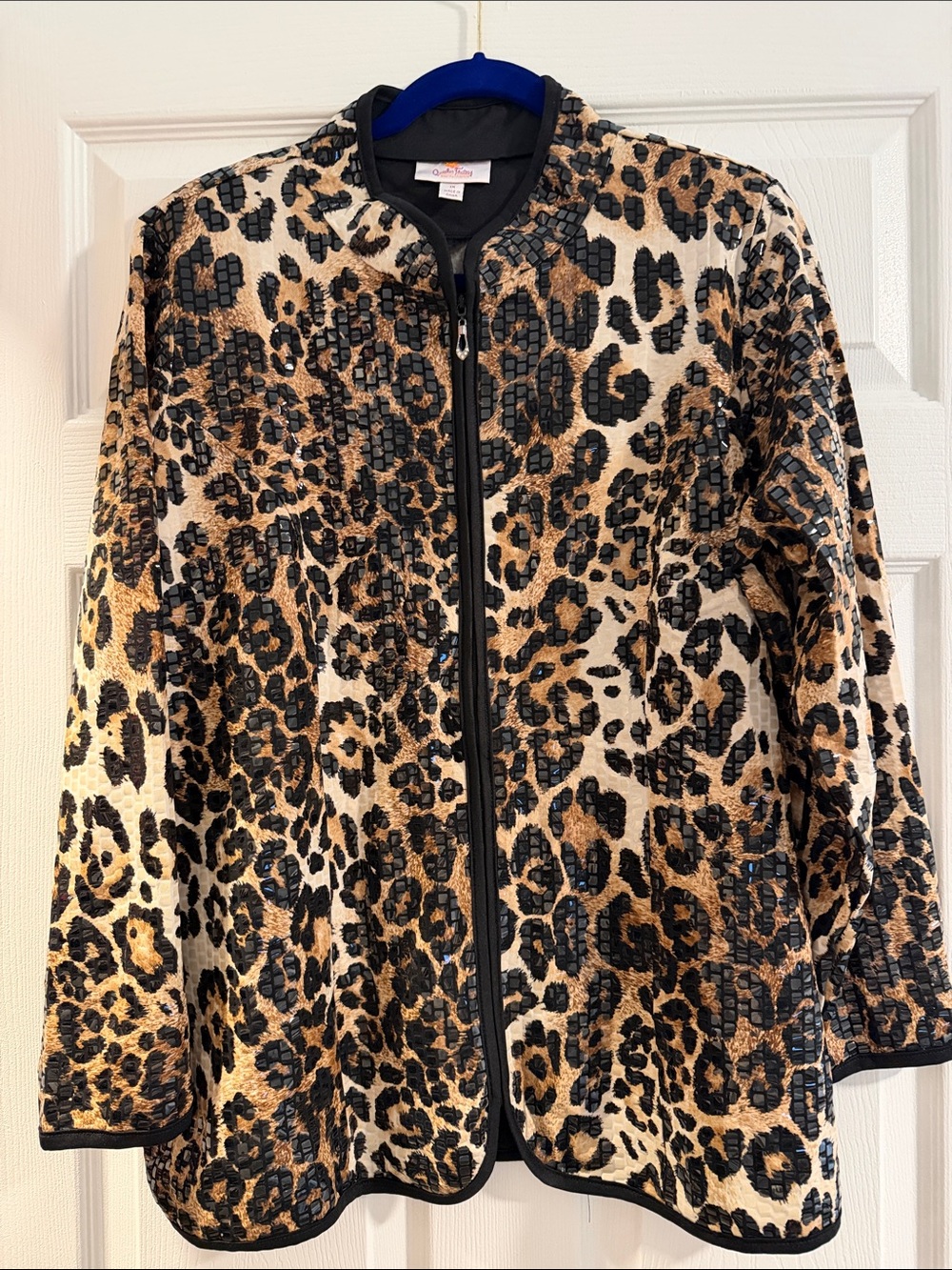 Leopard-Print Bomber Jacket in Tan and Black - The Quacker Factory size 1x